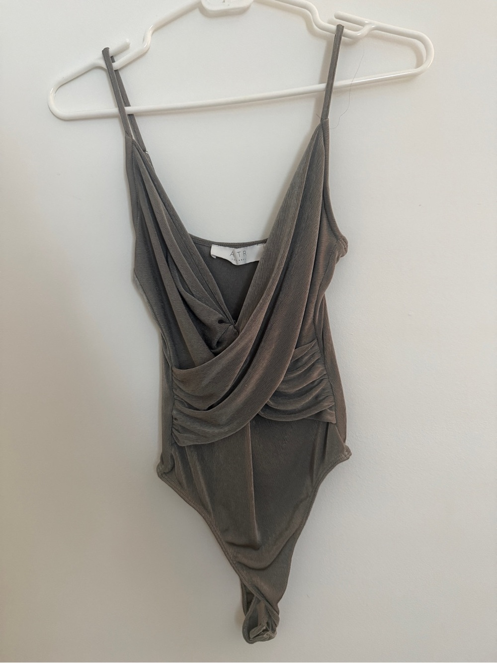 Astr Draped Spaghetti Strap Bodysuit in Olive Gray